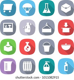 flat vector icon set - delivery vector, parachute, flask, box, tools, cleanser, loading crane, package, chemical, bucket, cauldron, measuring cup, barrel, liquid soap, toilet