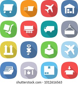 flat vector icon set - delivery vector, plane, warehouse, cargo stoller, truck shipping, loading crane, top sign, do not hook, package, airplane, cruise ship