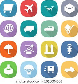 flat vector icon set - delivery vector, plane, drone, box, shipping, car, trolley, dry cargo, sun potection, top sign, do not hook, package, parachute, fast deliver, pickup