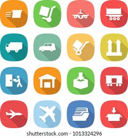 flat vector icon set - delivery vector, cargo stoller, plane, truck shipping, car, trolley, top sign, courier, warehouse, package, railroad, airplane, cruise ship