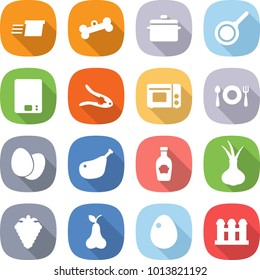 flat vector icon set - delivery vector, bone, pan, kitchen scales, walnut crack, grill oven, fork spoon plate, eggs, chicken leg, ketchup, onion, berry, pear, egg, grain elevator