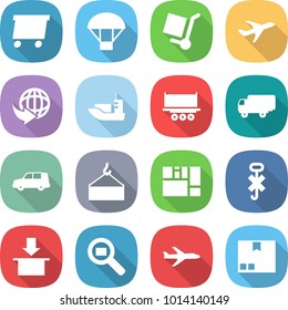 flat vector icon set - delivery vector, parachute, cargo stoller, plane, sea shipping, truck, car, loading crane, consolidated, do not hook sign, package, search
