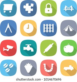 flat vector icon set - delivery vector, puzzle, lock, bridge, drawing compasses, clock, pallet, tent, surveillance, water tap, rolling pin, tomato, coffee seeds, berry, horseshoe, pickup