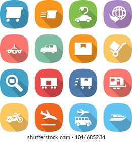 flat vector icon set - delivery vector, electric car, plane, shipping, package box, trolley, cargo search, railroad, fast deliver, trailer, motorcycle, arrival, transfer, yacht