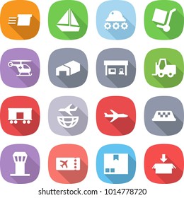 flat vector icon set - delivery vector, boat, lunar rover, cargo stoller, ambulance helicopter, warehouse, gas station, fork loader, railroad shipping, plane, taxi, airport tower, ticket, package