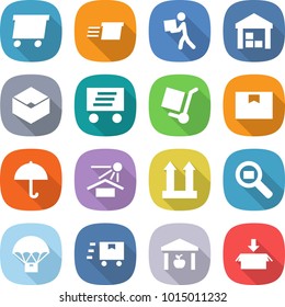 flat vector icon set - delivery vector, courier, warehouse, box, cargo stoller, package, dry, sun potection, top sign, search, parachute, fast deliver