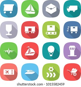 flat vector icon set - delivery vector, boat, box, shipping, fragile, railroad, transporter tape, fast deliver, plane, sail, air ballon, airport tower, ticket, yacht, conveyor, wheelbarrow