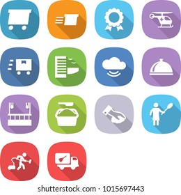 flat vector icon set - delivery vector, medal, ambulance helicopter, fast deliver, hotel, cloud service, meal cap, skysrcapers cleaning, washing powder, wiping, woman with duster, vacuum cleaner
