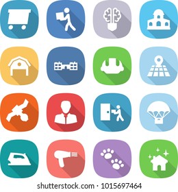 flat vector icon set - delivery vector, courier, bulb brain, mansion, barn, school, building helmet, map, satellite, client, parachute, iron, hair dryer, pets, house cleaning