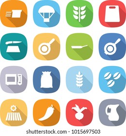 flat vector icon set - delivery vector, parachute, spikelets, cutting board, pan, microwave oven, flour, spike, coffee seeds, field, hot pepper, beet, jug
