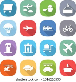 flat vector icon set - delivery vector, journey, port, loading crane, parachute, plane, train, bike, airport tower, detector, baggage trolley, helicopter, trash truck, car wash, package