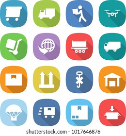 flat vector icon set - delivery vector, truck, courier, drone, cargo stoller, shipping, package box, top sign, do not hook, warehouse, parachute, fast deliver