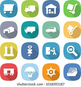 flat vector icon set - delivery vector, truck, warehouse, cargo stoller, shipping, car, trolley, top sign, do not hook, courier, search, railroad, parachute, handwheel, cruise ship