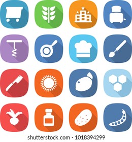 flat vector icon set - delivery vector, spikelets, hotel, toaster, corkscrew, pan, cook hat, big spoon, chef knife, gas oven, lemon, honeycombs, beet, pills bottle, potato, peas