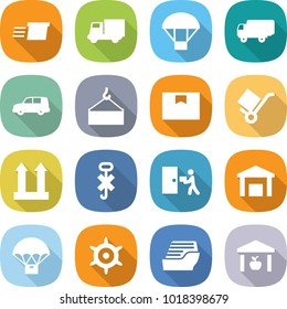 flat vector icon set - delivery vector, truck, parachute, shipping, car, loading crane, package box, trolley, cargo top sign, do not hook, courier, warehouse, handwheel, cruise ship
