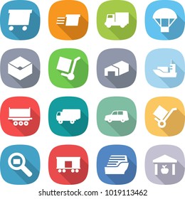 flat vector icon set - delivery vector, truck, parachute, box, cargo stoller, warehouse, sea shipping, car, trolley, search, railroad, cruise ship