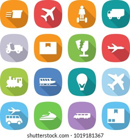 flat vector icon set - delivery vector, plane, hoverboard, shipping, scooter, package box, broken, train, air ballon, airplane, transfer, jet ski, speed