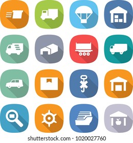 flat vector icon set - delivery vector, truck, parachute, warehouse, shipping, car, package box, do not hook sign, cargo search, handwheel, cruise ship