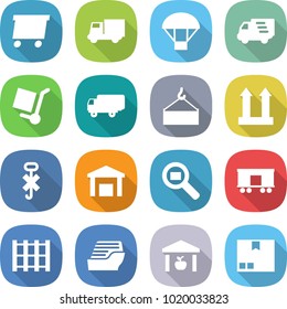 flat vector icon set - delivery vector, truck, parachute, cargo stoller, shipping, loading crane, top sign, do not hook, warehouse, search, railroad, pallet, cruise ship, package