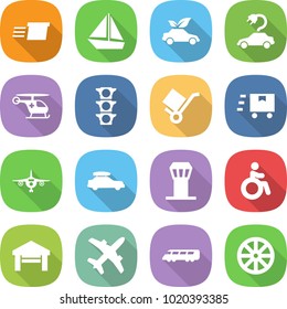 flat vector icon set - delivery vector, boat, eco car, electric, ambulance helicopter, traffic light, trolley, fast deliver, plane, baggage, airport tower, invalid, garage, speed train, wheel