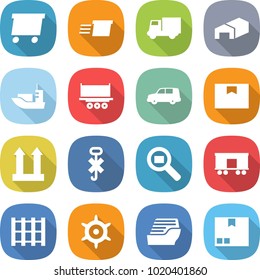flat vector icon set - delivery vector, truck, warehouse, sea shipping, car, package box, cargo top sign, do not hook, search, railroad, pallet, handwheel, cruise ship