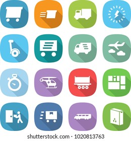 flat vector icon set - delivery vector, truck, lightning, gyroscooter, journey, stopwatch, ambulance helicopter, shipping, consolidated cargo, courier, fast deliver, speed train, cereals
