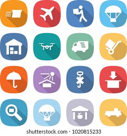 flat vector icon set - delivery vector, plane, courier, parachute, warehouse, drone, trolley, dry cargo, sun potection, do not hook sign, package, search, pickup