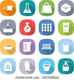 flat vector icon set - delivery vector, flask, shopping bag, box, loading crane, chemical, pallet, uv cream, washing, measuring cup, spices, bucket, garbage, trash bin, liquid soap
