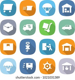flat vector icon set - delivery vector, parachute, warehouse, box, cargo stoller, car shipping, package, do not hook sign, courier, fast deliver, handwheel