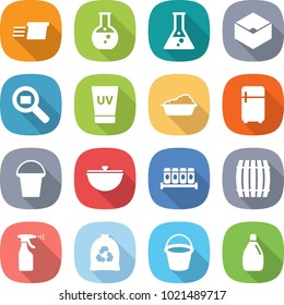 flat vector icon set - delivery vector, round flask, box, cargo search, uv cream, washing, fridge, bucket, cauldron, spices, barrel, sprayer, garbage bag, cleanser