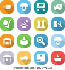flat vector icon set - delivery vector, parachute, cargo stoller, sun potection, top sign, courier, warehouse, package, search, pickup