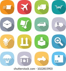 flat vector icon set - delivery vector, plane, truck, drone, box, cargo stoller, car shipping, scooter, trolley, top sign, package, search, parachute, warehouse, pickup