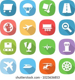 flat vector icon set - delivery vector, parachute, cargo stoller, road, globe, plane, truck shipping, search, transporter tape, broken, airport tower, airplane, yacht, helicopter, wheel