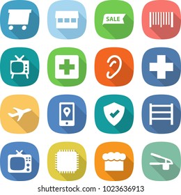flat vector icon set - delivery vector, market, sale, bar code, tv, medical cross, ear, plane, mobile location, protected, rack, cpu, chief hat, garlic clasp