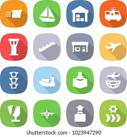 flat vector icon set - delivery vector, boat, warehouse, ambulance car, airport tower, stairs, gas station, plane, traffic light, sea shipping, package, broken, baggage, conveyor