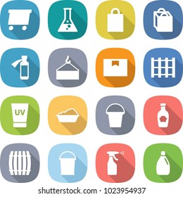 flat vector icon set - delivery vector, flask, shopping bag, potion bottle, loading crane, package box, pallet, uv cream, washing, bucket, ketchup, barrel, sprayer, cleanser