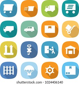 flat vector icon set - delivery vector, truck, shipping, car, package box, trolley, cargo top sign, do not hook, courier, warehouse, pallet, parachute, handwheel