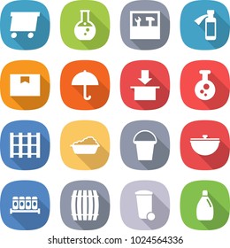 flat vector icon set - delivery vector, round flask, tools, potion bottle, package box, dry cargo, chemical, pallet, washing, bucket, cauldron, spices, barrel, trash bin, cleanser