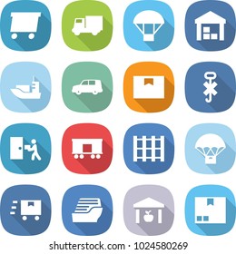 flat vector icon set - delivery vector, truck, parachute, warehouse, sea shipping, car, package box, do not hook sign, courier, railroad, pallet, fast deliver, cruise ship