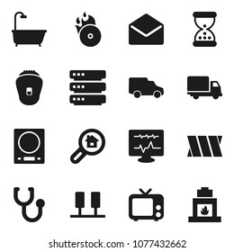 Flat vector icon set - delivery vector, car, music hit, tv, mail, sand clock, stethoscope, diagnostic monitor, bandage, server, big data, search estate, bath, epilator, kitchen scales, fireplace