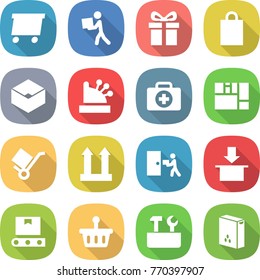 flat vector icon set - delivery vector, courier, gift, shopping bag, box, cashbox, doctor case, consolidated cargo, trolley, top sign, package, transporter tape, basket, repair tools, cereals