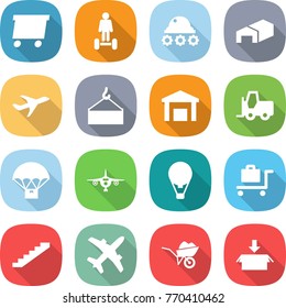 flat vector icon set - delivery vector, hoverboard, lunar rover, warehouse, plane, loading crane, fork loader, parachute, air ballon, baggage trolley, stairs, wheelbarrow, package