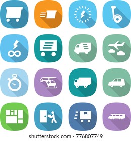 flat vector icon set - delivery vector, lightning, gyroscooter, infinity power, journey, stopwatch, ambulance helicopter, shipping, car, consolidated cargo, courier, fast deliver, speed train