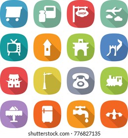 flat vector icon set - delivery vector, scales weight, shop signboard, journey, tv, tower, arch, greate wall, japanese house, outdoor light, phone, train, restaurant, fridge, water tap