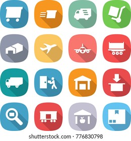 flat vector icon set - delivery vector, cargo stoller, warehouse, plane, truck shipping, courier, package, search, railroad