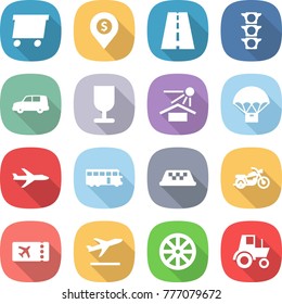 flat vector icon set - delivery vector, dollar pin, road, traffic light, car shipping, fragile, sun potection, parachute, plane, bus, taxi, motorcycle, ticket, departure, wheel, tractor