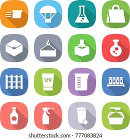 flat vector icon set - delivery vector, parachute, flask, shopping bag, box, loading crane, package, chemical, pallet, uv cream, measuring cup, spices, ketchup, sprayer, trash bin, washing powder