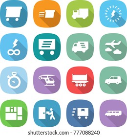 flat vector icon set - delivery vector, truck, lightning, infinity power, journey, stopwatch, ambulance helicopter, shipping, car, consolidated cargo, courier, fast deliver, speed train