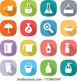 flat vector icon set - delivery vector, round flask, loading crane, dry cargo, chemical, search, washing, measuring cup, ketchup, sprayer, trash bin, bucket, cleanser, liquid soap