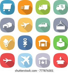 flat vector icon set - delivery vector, truck, warehouse, plane, car shipping, loading crane, trolley, do not hook sign, package, airplane